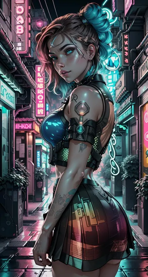 A mesmerizing female cyberpunk street artist, creating a vivid and detailed holographic mural in a neon-lit urban alley,
([Diane Lane|Scarlett Johansson|Kate Upton]), closeup <lora:stylesqueeze_v2:1>, side view
Amazing fine detail, glowing eyes, [(colorful explosion psychedelic paint colors:1.21)::0.15], detailed background, green eyes, detailed clothes, skinny, shinny glossy skin, subsurface scattering, (gothic:0.8), double bun, bangs, frills, skirt, Nikon D850 film stock photograph Kodak Portra 400 camera f1.6 lens, rich colors, lifelike texture, dramatic lighting, unreal engine, trending on ArtStation, cinestill 800 tungsten