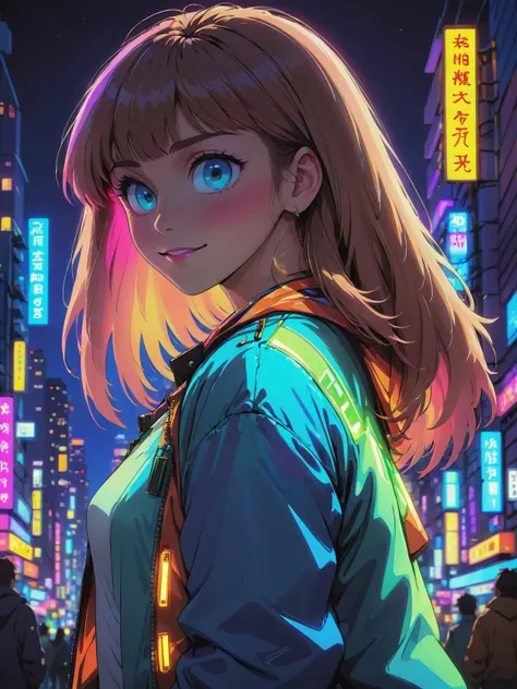anime style, flat colors, anime still, masterpiece, best quality, 1girl <lora:stylesqueeze_v2_xl:0.7>, city pop, night, neon night city lights, looking at another, upper body, jacket, light smile, blunt bangs, long hair, blue eyes, well lit face