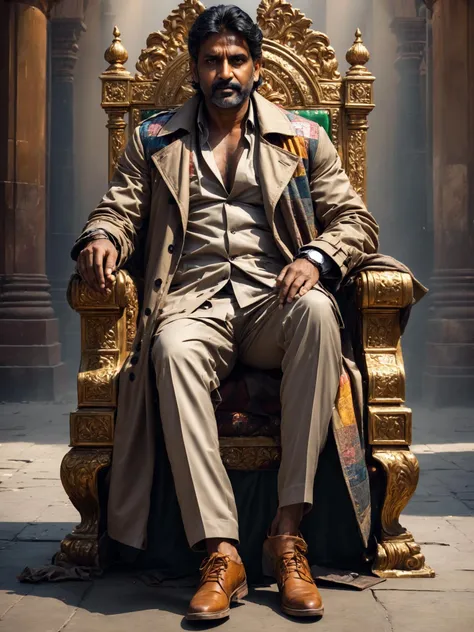 full body shot photo <lora:stylesqueeze_v2_xl:1> of a handsome well built buff middle aged indian man, homeless man, wearing a patchwork [brown|red|green|blue|yellow] trench coat, grimy skin, sitting on an opulent golden throne, hdr, well lit, evenly lit, detailed face