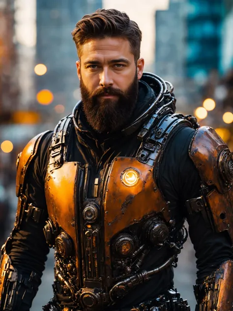 close up Portrait photo <lora:stylesqueeze_v2_xl:1> of muscular bearded guy, in a worn scuffed half life HEV suit, ((light bokeh)), intricate, (steel metal [rust]), elegant, sharp focus, soft lighting, vibrant colors, masterpiece, ((streets)), detailed face