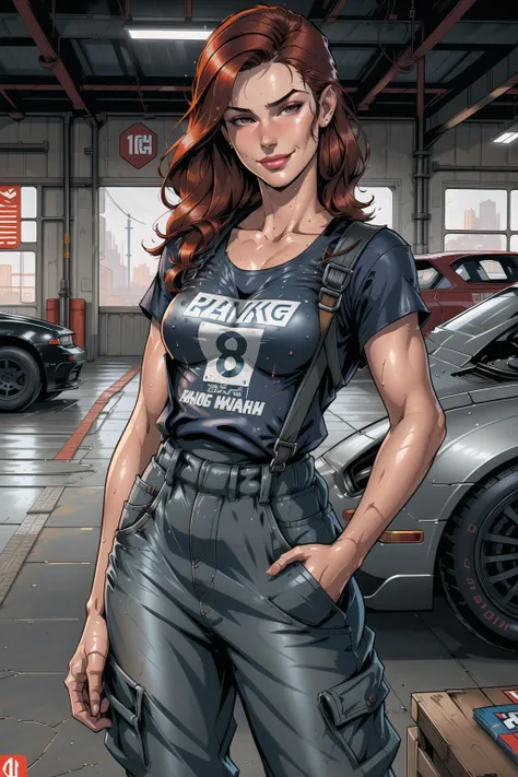 (detailed), beautiful woman, dark red hair, pale skin, wearing loose [black:dark blue:0.5] baggy racing cargo pants full [jumpsuit|overalls], (baggy loose untucked tshirt), branded yokohama logo clothes, racing neck brace, oily sweaty grimy skin, threadbare scuffed clothes, smirk, lips parted, detailed wet hair, (racing harness), dirty, car mechanic, garage, ((high detailed skin, skin details)), detailed cloth folds, detailed cluttered busy small run down garage background, indoors, hand in pocket, 8k uhd, dslr, high quality, film grain, (intricate linework:1) outlines, professional comic book style <lora:stylesqueeze_v3:0.9>, flat colors