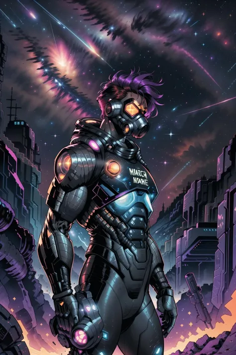 ((large title text)), (scifi book cover art <lora:stylesqueeze_v3:1>), a [cyborg terminator cybernetic polyalloy armor skin|shirtless] man, wearing a gas mask, in a desert, colorful hair, perfect face, (side view), nice thighs, night time, starry night, galaxies and cosmos, magic explosions in background, cool atmosphere, 8k, uhd, absurdres, prominent outline linework, flat colors