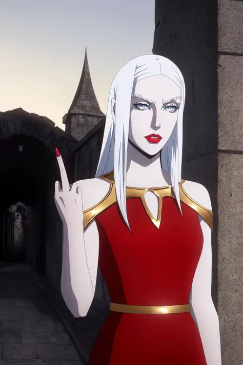 castlevania style, parody, (dusk castle courtyard scene:1.2), dramatic lighting, 1girl, solo, looking at viewer, middle finger, (pale blue eyes:1.15), evil expression, long hair, white hair, polished nails, pointy ears, red lips, red dress, tight-fitted, bare shoulders, (gold jewelry), <lora:Castlevania Style:1> <lora:midfinger-left-v2-wasabiya:0.8>