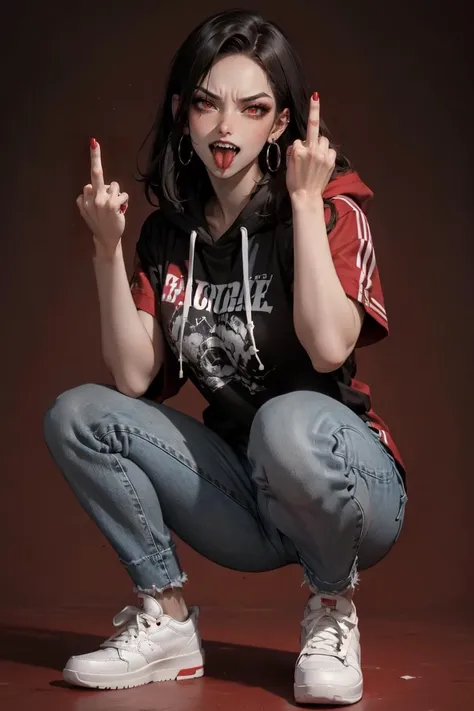 (full body:1.3), wide shot, neon red, <lora:midfinger-left-v2-wasabiya:.8>, (middle finger), <lora:midfinger-right-v2-wasabiya:.8>, (middle finger), BREAK 1girl, squatting, open mouth, (tongue out), sharpteeth, (angry),red eyes, earrings, BREAK (hood), torn jeans, sneakers, simple crimson red background, (in style of caravaggio:.8), (masterpiece:1.2), (sharp:1.2), (qood quality:1.2), (RAW), (8K), (detailed), (photorealistic)