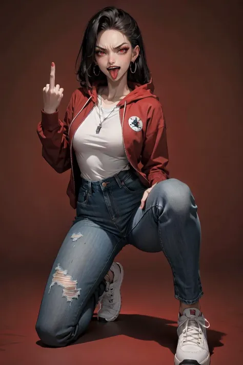 (full body:1.3), vuew from below, neon red, <lora:midfinger-left-v2-wasabiya:.8>, (middle finger), <lora:midfinger-right-v2-wasabiya:.8>, (middle finger), BREAK 1girl, kneeling, spread legs, open mouth, (tongue out), sharpteeth, (angry),red eyes, earrings, BREAK (hood), torn jeans, sneakers, simple crimson red background, (in style of caravaggio:.8), (masterpiece:1.2), (sharp:1.2), (qood quality:1.2), (RAW), (8K), (detailed), (photorealistic)