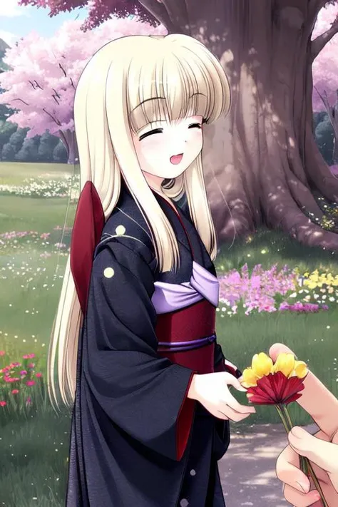 <lora:Rindou:1>, Rindou, 1girl, japanese clothes, blonde hair, long hair, kimono, closed eyes, smile, flower, solo focus, open mouth, tree, solo,
masterpiece, high quality, very_high_resolution, large_filesize, full color,