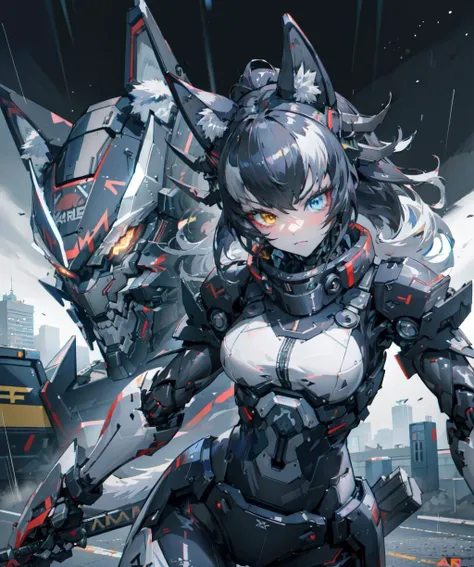 (masterpiece, best quality, 2k, 4k,:1.4), realistic shadow, realistic light, best backgroud, rain, road, ruin, city 1female, angry, battle pose, fight, grey_wolf, animal ears, wolf ears, long hair, heterochromia, white hair, wolf girl, wolf tail, tail, <lora:grey_wolf:1>, (cyber katana:1.4), (half_ponytail_hairstyle:1), <lora:half_ponytail_hairstyle:0.4>, mecha musume, mechanical arms, headgear, bodysuit, <lora:AMechaSSS[color_theme,mecha musume, mechanical parts,robot joints,headgear]:1.5>, Ñyberdog,  <lora:add_detail:-0.5>
