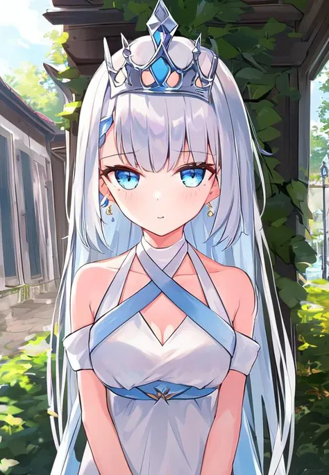 1girl,  head, face, portrait, eyes, long hair, bare shoulders , upper body,  solo,  outdoors, white silk halter dress,   goddess. princess, tiara, absurdres, masterpiece, best quality, by t6