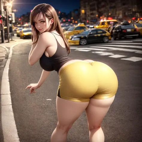 (Nsfw), (realistic:1.5), photorealistic, octane render, (unparalleled masterpiece, ultra-realistic 8k CG, perfect artwork, perfect female figure, dramatic, ray tracing, HDR:1.2), (Best Quality), fantasy, atmospheric, extremely detailed, intricate, hyper-detailed, (beautiful background, busy street, dim light, taxi:1.3), (perfect face), illustration, soft lighting, (specular lighting:1.4), (photorealistic face:1.2), (skindentation:1.3), dynamic pose, looking at viewer, (smile:1.2), parted lips, (1girl:1.4), thick eyelashes, long eyelashes, (perfect eyes, detailed pupils), (big breasts:1.2), (thick thighs, huge thighs, wide hips), (brown hair, shoulder length hair:1.4), (full body, standing:1.4), ( yellow tank top, gold booty shorts, black shoes:1.4), arched back, (sticking ass out, ass towards viewer:1.3),