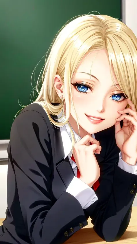 close up, (quironSilviaSaintV1:0.9), blue eyes, (blond hair:1.2), smile, in school, as teacher, leaning on a desk, happy, blackboard in background <lora:quironSilviaSaintV1:0.9>