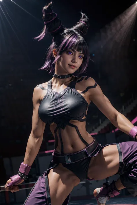 foujuri, Juri , black hair,two-tone hair, hair horns, purple right eye, heterochromia, green left eye, spiked bracelet, spiked collar, finger-less gloves, white vest,
navel, standing, upper body, evil seductive smile, night club, (insanely detailed, beautiful detailed face
standing, upper body, evil smile, showing her feet,
night club,
(insanely detailed, beautiful detailed face,beautiful detailed eyes, masterpiece, best quality) , solo,