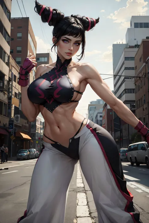 (masterpiece, best quality, ultra detailed, absurdres)1.5, 1girl, (sexy, beautiful woman, perfect face, perfect eyes, perfect female body, huge breasts)1.5, (onejuri, baggy pants, white pants, black panties, panties over clothes, <lora:han_juri_v1:0.8>), (standing, middle of a street, modern city in background), perfect lighting, smooth, hdr