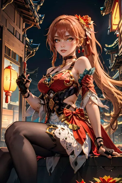 (masterpiece, best quality), 1girl,   <lora:guinaifen_(honkai_star_rail):0.8> guinaifen,long hair,side ponytail,bangs,hair between eyes,earrings,black choker,hair flower,chinese clothes,bare shoulders,dress,red dress,sleeveless,detached sleeves,fingerless gloves,white skirt,black pantyhose,thigh strap,boots,high heels,black footwear