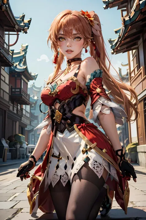 (masterpiece, best quality), 1girl, <lora:guinaifen_(honkai_star_rail):0.8> guinaifen,long hair,side ponytail,bangs,hair between eyes,earrings,black choker,hair flower,chinese clothes,bare shoulders,dress,red dress,sleeveless,detached sleeves,fingerless gloves,white skirt,black pantyhose,thigh strap,boots,high heels,black footwear