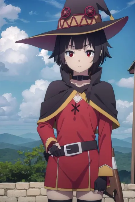 konosubamegumin, <lora:konosuba megumin movie-lora-nochekaiser:1>,
megumin, short hair, black hair, (red eyes:1.3), short hair with long locks,
BREAK thighhighs, gloves, hat, dress, black gloves, belt, black thighhighs, fingerless gloves, cape, collar, witch hat, bandages, red dress, single thighhigh, asymmetrical legwear, bandaged leg,
BREAK outdoor, forest, nature, trees, village, sky, sun, clouds,
BREAK looking at viewer, (cowboy shot:1.5),
BREAK <lyco:GoodHands-beta2:1>, (masterpiece:1.2), best quality, high resolution, unity 8k wallpaper, (illustration:0.8), (beautiful detailed eyes:1.6), extremely detailed face, perfect lighting, extremely detailed CG, (perfect hands, perfect anatomy),