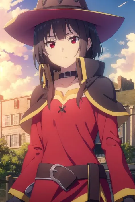 konosubamegumin, <lora:konosuba megumin movie-lora-nochekaiser:1>,
megumin, short hair, black hair, (red eyes:1.3), short hair with long locks,
BREAK thighhighs, gloves, hat, dress, black gloves, belt, black thighhighs, fingerless gloves, cape, collar, witch hat, bandages, red dress, single thighhigh, asymmetrical legwear, bandaged leg,
BREAK outdoor, forest, nature, trees, village, sky, sun, clouds,
BREAK looking at viewer, (cowboy shot:1.5),
BREAK <lyco:GoodHands-beta2:1>, (masterpiece:1.2), best quality, high resolution, unity 8k wallpaper, (illustration:0.8), (beautiful detailed eyes:1.6), extremely detailed face, perfect lighting, extremely detailed CG, (perfect hands, perfect anatomy),