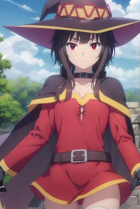 konosubamegumin, <lora:konosuba megumin movie-lora-nochekaiser:1>, 
megumin, short hair, black hair, (red eyes:1.3), short hair with long locks,
BREAK thighhighs, gloves, hat, dress, black gloves, belt, black thighhighs, fingerless gloves, cape, collar, witch hat, bandages, red dress, single thighhigh, asymmetrical legwear, bandaged leg,
BREAK outdoor, forest, nature, trees, village, sky, sun, clouds,
BREAK looking at viewer, (cowboy shot:1.5),
BREAK <lyco:GoodHands-beta2:1>, (masterpiece:1.2), best quality, high resolution, unity 8k wallpaper, (illustration:0.8), (beautiful detailed eyes:1.6), extremely detailed face, perfect lighting, extremely detailed CG, (perfect hands, perfect anatomy),