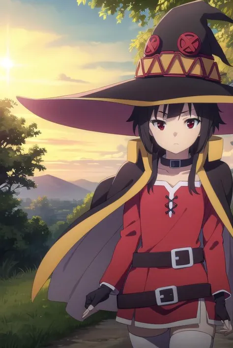 konosubamegumin, <lora:konosuba megumin movie-lora-nochekaiser:1>, 
megumin, short hair, black hair, (red eyes:1.3), short hair with long locks,
BREAK thighhighs, gloves, hat, dress, black gloves, belt, black thighhighs, fingerless gloves, cape, collar, witch hat, bandages, red dress, single thighhigh, asymmetrical legwear, bandaged leg,
BREAK outdoor, forest, nature, trees, village, sky, sun, clouds,
BREAK looking at viewer, (cowboy shot:1.5),
BREAK <lyco:GoodHands-beta2:1>, (masterpiece:1.2), best quality, high resolution, unity 8k wallpaper, (illustration:0.8), (beautiful detailed eyes:1.6), extremely detailed face, perfect lighting, extremely detailed CG, (perfect hands, perfect anatomy),