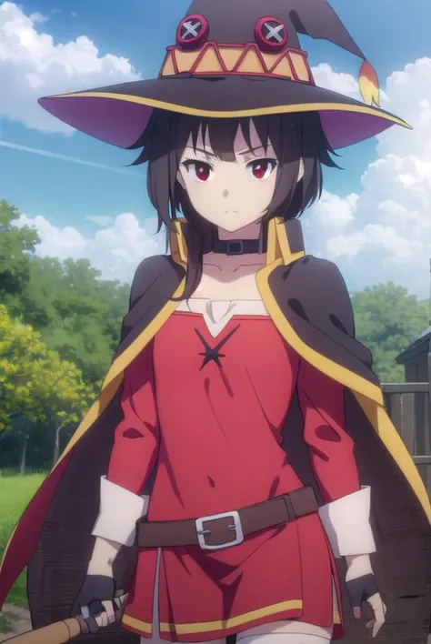 konosubamegumin, <lora:konosuba megumin movie-lora-nochekaiser:1>,
megumin, short hair, black hair, (red eyes:1.3), short hair with long locks,
BREAK thighhighs, gloves, hat, dress, black gloves, belt, black thighhighs, fingerless gloves, cape, collar, witch hat, bandages, red dress, single thighhigh, asymmetrical legwear, bandaged leg,
BREAK outdoor, forest, nature, trees, village, sky, sun, clouds,
BREAK looking at viewer, (cowboy shot:1.5),
BREAK <lyco:GoodHands-beta2:1>, (masterpiece:1.2), best quality, high resolution, unity 8k wallpaper, (illustration:0.8), (beautiful detailed eyes:1.6), extremely detailed face, perfect lighting, extremely detailed CG, (perfect hands, perfect anatomy),