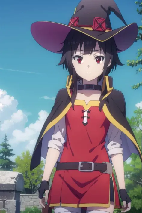 konosubamegumin, <lora:konosuba megumin movie-lora-nochekaiser:1>, 
megumin, short hair, black hair, (red eyes:1.3), short hair with long locks,
BREAK thighhighs, gloves, hat, dress, black gloves, belt, black thighhighs, fingerless gloves, cape, collar, witch hat, bandages, red dress, single thighhigh, asymmetrical legwear, bandaged leg,
BREAK outdoor, forest, nature, trees, village, sky, sun, clouds,
BREAK looking at viewer, (cowboy shot:1.5),
BREAK <lyco:GoodHands-beta2:1>, (masterpiece:1.2), best quality, high resolution, unity 8k wallpaper, (illustration:0.8), (beautiful detailed eyes:1.6), extremely detailed face, perfect lighting, extremely detailed CG, (perfect hands, perfect anatomy),