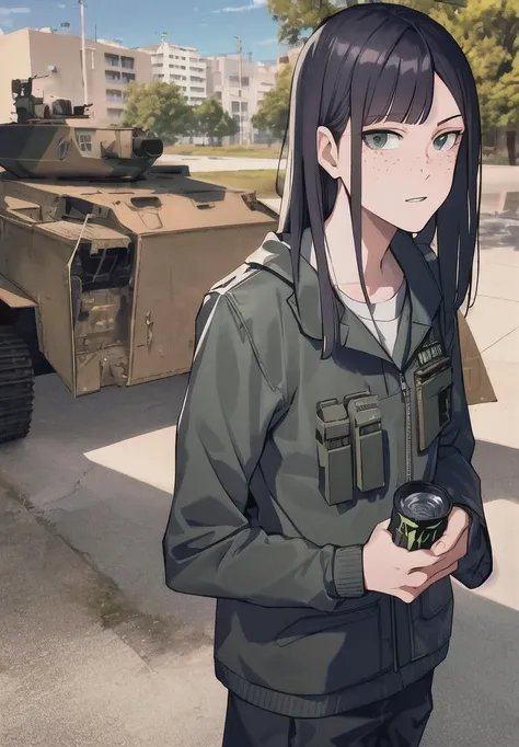 <lora:KanamoriSayaka:0.7>, masterpiece, best quality, ((masterpiece,best quality, detailed)), Kanamori Sayaka, freckles, asymmetrical blunt_bangs, sanpaku_eyes, extra wrangling, solo, 2girl, perfect anatomy, outdoors, young woman, black hair, long hair, Military uniform, bulletproof vest, Gun, military helmet, desert camouflage, In city, standing facing the viewer, military pants, HoldingMonsterEnergy, <lora:HoldingMonsterEnergy:0.5>,
