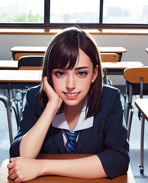 (masterpiece), best quality, beautiful detailed hair detailed face, 1 ****** girl, solo, full-body portrait, dutch shot, perfect feminine face, very cute ****** girl, sitting on the classroom desk, chesnut brown hair, short twintails, green eyes, school uniform