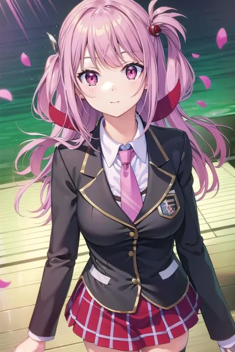 kaguyaarise, <lora:kaguyaarise-lora-nochekaiser:1>,
kaguya arise, long hair, (pink eyes:1.5), pink hair,
BREAK one side up, skirt, shirt, hair ornament, thighhighs, school uniform, jacket, white shirt, pleated skirt, necktie, hairclip, collared shirt, black thighhighs, black jacket, plaid, red skirt, blazer, green necktie, plaid necktie,
BREAK looking at viewer,
BREAK outdoors,
BREAK <lyco:GoodHands-beta2:1>, (masterpiece:1.2), best quality, high resolution, unity 8k wallpaper, (illustration:0.8), (beautiful detailed eyes:1.6), extremely detailed face, perfect lighting, extremely detailed CG, (perfect hands, perfect anatomy),