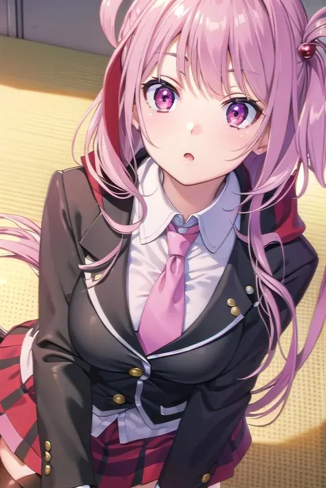 ((masterpiece, best quality,very detailed)),simple eyes,1girl,<lora:saki:1>,d4dj,izumo saki, school uniform,bangs, blue_skirt, blunt_bangs,classroom, collared_shirt, cowboy_shot, indoors, jacket, long_hair, red bow, pleated_skirt, school_uniform, shirt, skirt, solo