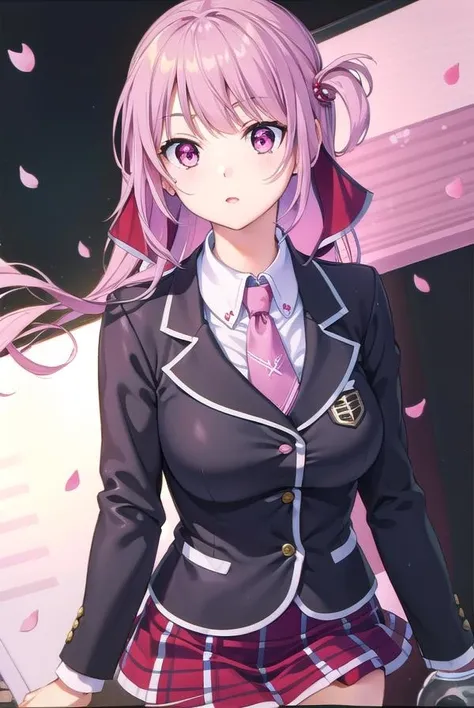kaguyaarise, <lora:kaguyaarise-lora-nochekaiser:1>,
kaguya arise, long hair, (pink eyes:1.5), pink hair,
BREAK one side up, skirt, shirt, hair ornament, thighhighs, school uniform, jacket, white shirt, pleated skirt, necktie, hairclip, collared shirt, black thighhighs, black jacket, plaid, red skirt, blazer, green necktie, plaid necktie,
BREAK looking at viewer,
BREAK outdoors,
BREAK <lyco:GoodHands-beta2:1>, (masterpiece:1.2), best quality, high resolution, unity 8k wallpaper, (illustration:0.8), (beautiful detailed eyes:1.6), extremely detailed face, perfect lighting, extremely detailed CG, (perfect hands, perfect anatomy),