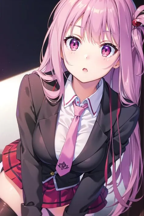 kaguyaarise, <lora:kaguyaarise-lora-nochekaiser:1>,
kaguya arise, long hair, (pink eyes:1.5), pink hair,
BREAK one side up, skirt, shirt, hair ornament, thighhighs, school uniform, jacket, white shirt, pleated skirt, necktie, hairclip, collared shirt, black thighhighs, black jacket, plaid, red skirt, blazer, green necktie, plaid necktie,
BREAK looking at viewer,
BREAK outdoors,
BREAK <lyco:GoodHands-beta2:1>, (masterpiece:1.2), best quality, high resolution, unity 8k wallpaper, (illustration:0.8), (beautiful detailed eyes:1.6), extremely detailed face, perfect lighting, extremely detailed CG, (perfect hands, perfect anatomy),