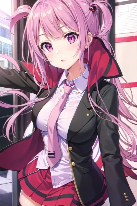 kaguyaarise, <lora:kaguyaarise-lora-nochekaiser:1>,
kaguya arise, long hair, (pink eyes:1.5), pink hair,
BREAK one side up, skirt, shirt, hair ornament, thighhighs, school uniform, jacket, white shirt, pleated skirt, necktie, hairclip, collared shirt, black thighhighs, black jacket, plaid, red skirt, blazer, green necktie, plaid necktie,
BREAK looking at viewer,
BREAK outdoors,
BREAK <lyco:GoodHands-beta2:1>, (masterpiece:1.2), best quality, high resolution, unity 8k wallpaper, (illustration:0.8), (beautiful detailed eyes:1.6), extremely detailed face, perfect lighting, extremely detailed CG, (perfect hands, perfect anatomy),