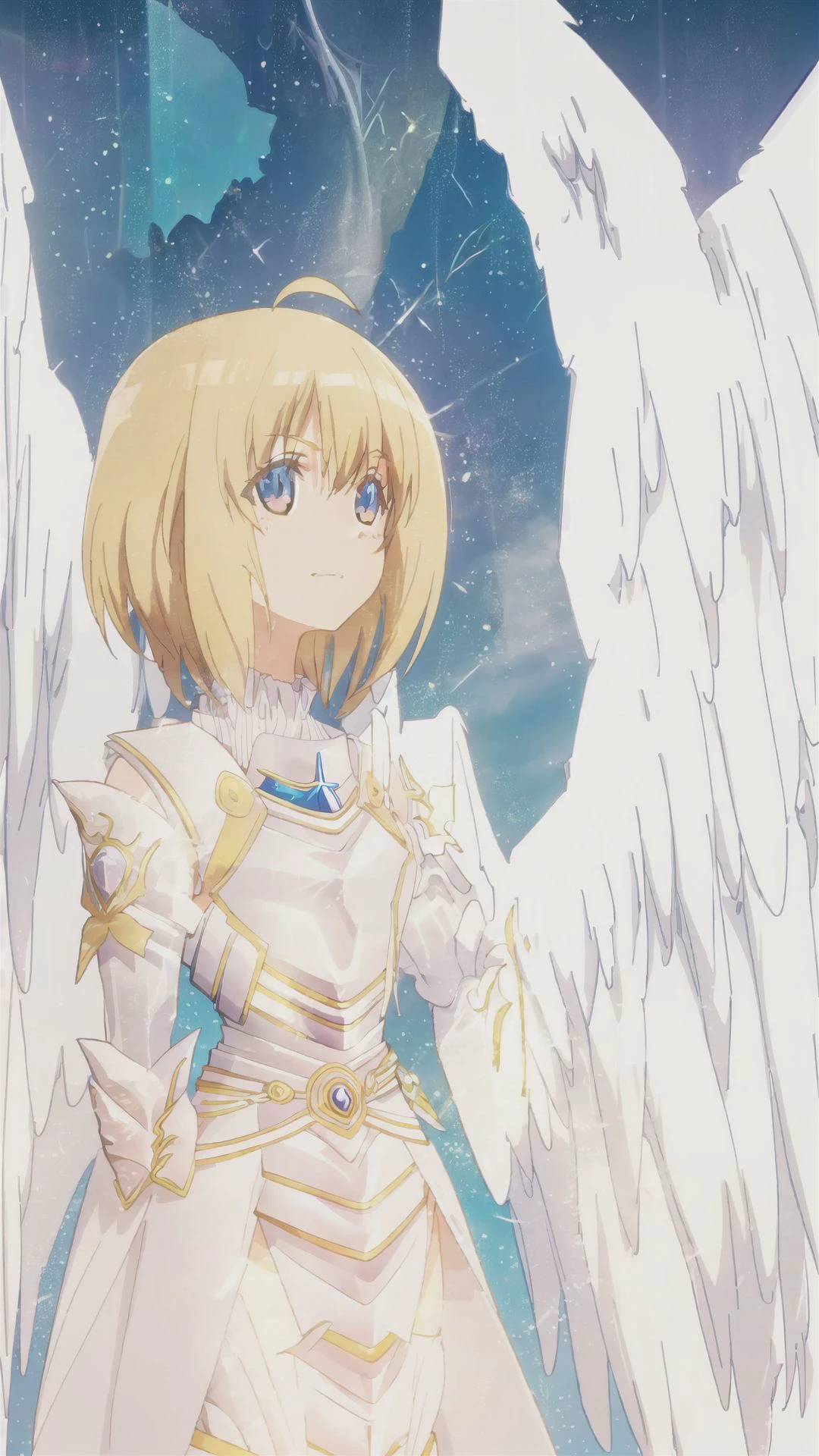 female,colorful,<lora:bofuri-maple:1>,(bofuri-maple),white wings,black hair,blonde hair,white armor,<lora:AngelicAI:0.4>,(black AngelicAI armor),solo,