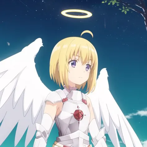 white armor, bofuri-maple , white wings, halo, blonde hair, short hair, bangs, purple eyes, collarbone, full body, solo, 1girl, outdoors <lora:bofuri-mapleV4-000008:0.8>