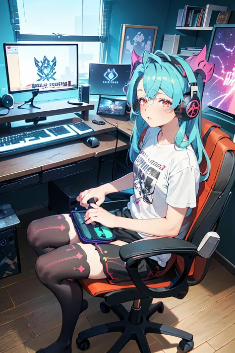 <lora:dragalialost_mercury:1> humanmercury, horns, white tshirt, thighhighs, <lora:Headphones:0.85> Wearing Headphones, <lora:ARWgameroomconcept:0.7> gameroomconcept, desk, computer, keyboard, gaming chair, rgb lighting, headphones<lora:Outline Light:0.5>, <lora:onemai:0.5>, best quality, masterpiece, ultra high res, high detail,