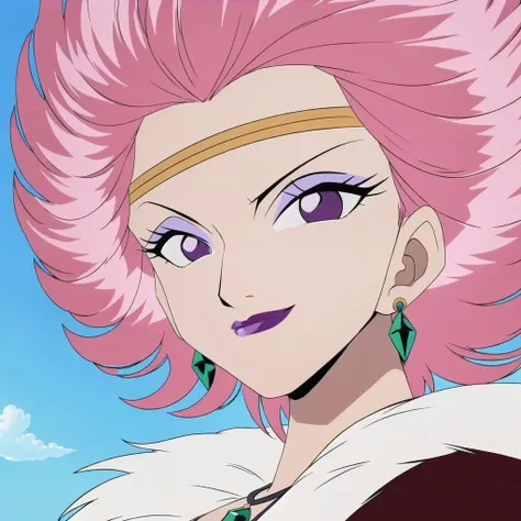(masterpiece, best quality), carmen_(one piece), 1girl, pink hair, fur trim, purple eyes, eyeshadow, green earrings, headband, solo, looking at viewer, smile, short hair, sky, cloud, purple lipstick, portrait