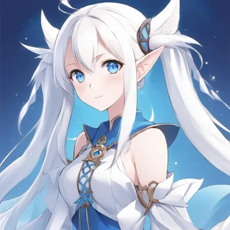 anime artwork, anime style, elf, witch, white hair, blue eyes, twintails, white golden cloth