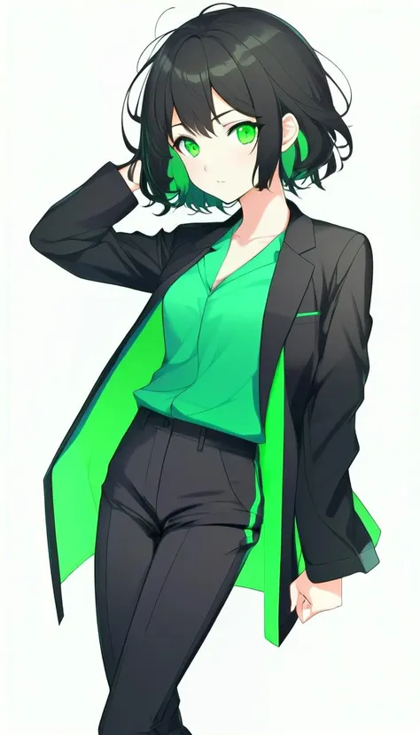 anime artwork, anime style, (1girl), full body, black short hair, green eyes, black suit, black pants, white background, simple background ((transparent))