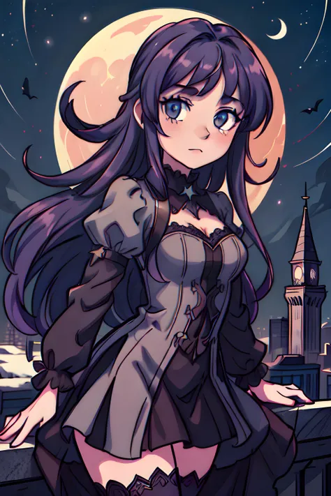 Candid photos of girls,Volumetriclighting,best shadow,shallowdepthoffield,Portrait of a beautiful girl,Delicate Beautiful Attractive Face,Charming sharp purple eyes,Sharp eyebrows,Arms spread wide,Keep one's mouth shut,Lovely Medium Breast,Long layered black double-sided hair spread out、The wind blows、Blush Eyeshadow、Thick lashes、Lolita costume、night sky stars、meteors、Clouds、Church roof、Roof cross、city night scene、Float in the night sky、Front view(HighestQuali、astonishing detail:1.25)、(solo person:1.3)、Brilliant and colorful paintings