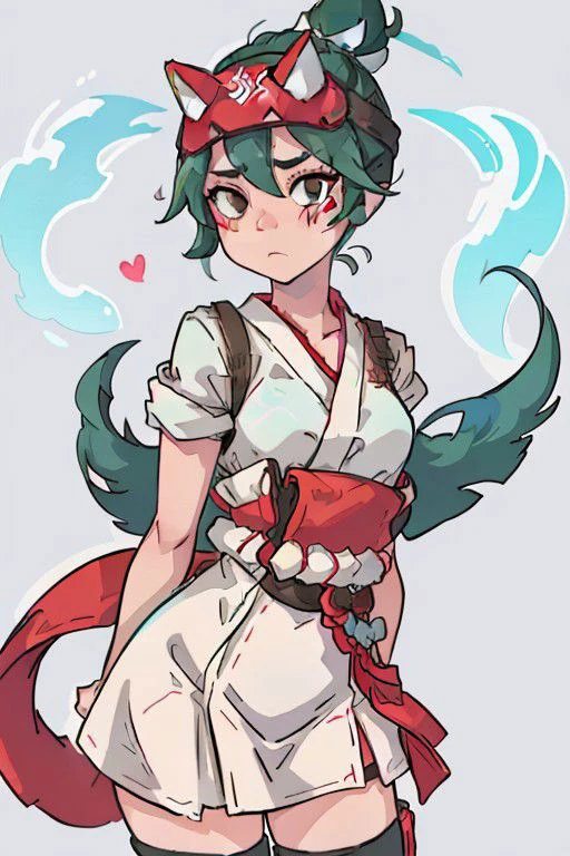 character: kiriko \(overwatch\), <lora:akai_v2:.6>, green hair, brown eyes, ponytail, facial mark, fox mask, half mask, cowboy_shot, BREAK, clothing: white kimono, red skirt, BREAK, quality: best quality, best aesthetic, instagram, intricate details,