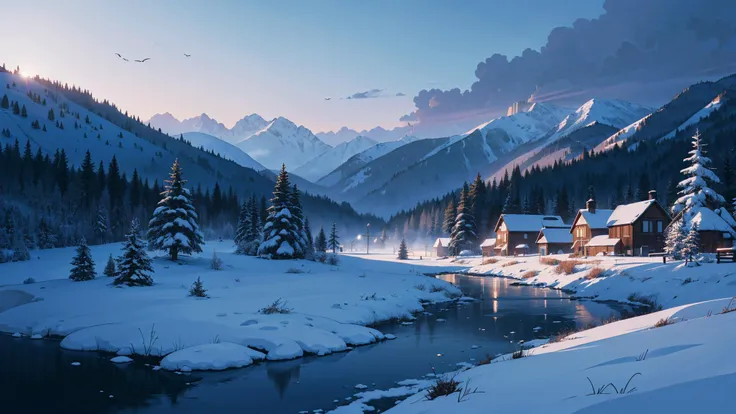 (best-quality:0.8), perfect anime illustration, snowy forest in the mountain valley, a small village, morning, soft cinematic light, dramatic atmosphere, atmospheric perspective,
