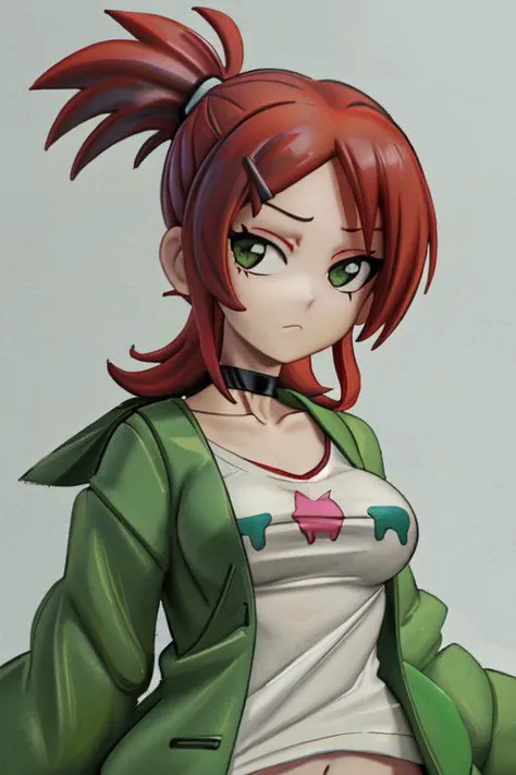 [Chibi], Green jacket,   baggy shirt, loose clothes, ponytail, Red hair, choker, hairclip, black choker,  , Frankie Foster,  , upper body, no bra, close up,