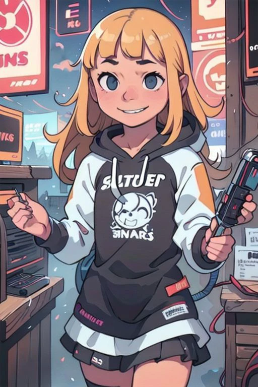 {{{masterpieces}}}, perfect anatomy, whole figure, 1girl, blonde hair (tied in braid), pretty face (tonde), large breast (size D), happy, smile, cyberpunk outfit (skirt, fishnet stockings, cute hoodie, earphones), rain, relax.
Cyberpunk alley,night scene, hard surface objects, defined shape, pop art, rtx, 8 k, ray tracing, highly detailed, neon aesthetic inkpunkHeavy768, f/1.4, close up film photo, atmospheric lighting, cinematic composition, detailed, filmgenre