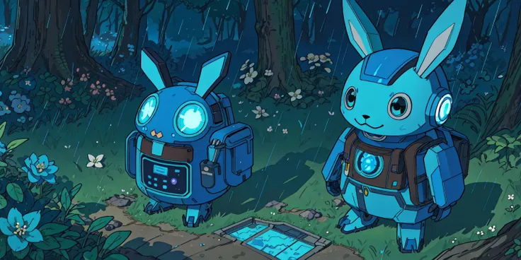 solo, (bright blue mechanical rabbit android wearing a small brown leather backpack looking at a map hiking through a forest), mecha, automaton, creature, plant sprout, blossoms, raindrops, spring, magic, (close up), advntr, fantasy video game character concept art, (perfect lighting, shadows), sharp focus, 8k high definition, insanely detailed, intricate, masterpiece, highest quality