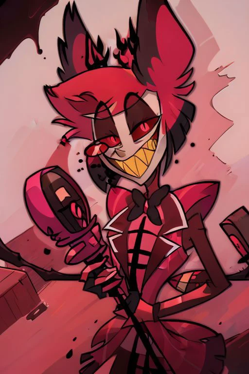 masterpiece, best quality, bowtie, jacket, monocle, microphone, suit, 1boy, solo, animal ears, sharp teeth, red eyes, teeth, bow, smile, looking at viewer, slit pupils, red hair, grin, multicolored hair, red sclera, <lora:Alastor-001:1>, holding microphone, dark background, terror theme