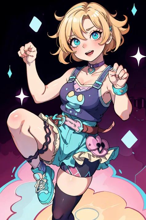 ((best quality, masterpiece)), ((style-swirlmagic):0.25),
photorealistic, thick outlines, strong shadows,
cowboy shoot,
1girl, ((chibi):0.7), ((claw pose)), open mouth,looking at viewer, cute pose, blonde hair, wavy hair, pastel goth, later dress, cyan high waist belt short shorts, stockings, sneakers, collar,
<lora:more_details:0.5> <lora:EnvyPastelGoth01-sd15:0.8>