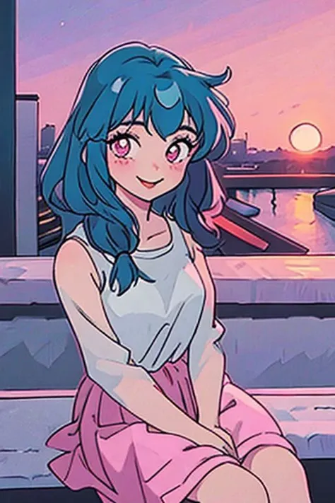 beautiful lady, (freckles:0.1) fine heavy grain, big smile, dark makeup, hyperdetailed photography, soft light, head and shoulders portrait, cover, 80's anime big eyes, blue hair , sitting on the rooftop, pink sunset  , 80's hair anime style