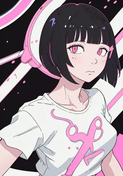 1girl, bangs, black hair, blunt bangs, bob cut, closed mouth, flat color, looking at viewer, monochrome, short hair, simple background, solo, white skin,citypop,Oil painting,Monochromatic vivid pink Background,Bold line,1woman,citypop,front,neon tube,bob cut,((languor)),(white Tshirt)