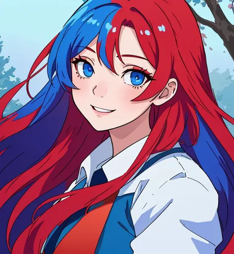 Portrait anime of a beautiful girl, young woman, ((gradient blue red hair, red and blue long smooth hair)), left blue eye, right red eye, smiling, blue with golden symbols rich elegant dress, portrait, solo, 1girl, cute, very beautiful girl, perfect white skin, park trees background, perfect composition, masterpiece, flat 2d anime style, beautiful, 8k, studio anime, professional shot