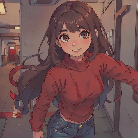 1girl, (blue jeans:1.2), plain crewneck sweater, (all-red sweater:1.5), sweater tucked in, (Dark brown hair: 1.5), (long curly hair with Baby Bangs:1.1), smile, cinematic, vivid, light eyebrows, wide hips, small breasts, masterpiece, top quality, best quality, official art, unity 8k wallpaper, high resolution, ultra-high resolution, ultra-detailed, beautiful and aesthetic, perfect detailed face, detailed eyes, highly detailed, (walking through a school hallway:1), (light-brown eyes: 1.8), slim figure, slim face, realistic color schemes, (Solid greenscreen background:1),