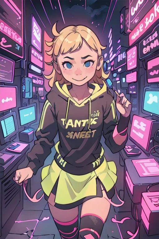 {{{masterpieces}}}, perfect anatomy, whole figure, 1girl, hair (tied in braid, blonde), pretty face (tonde), large breast (size D), happy, smile, cyberpunk outfit (skirt, fishnet stockings, cute hoodie, earphones), rain, relax.
Cyberpunk alley,night scene, hard surface objects, defined shape, pop art, rtx, 8 k, ray tracing, highly detailed, neon aesthetic inkpunkHeavy768, f/1.4, close up film photo, atmospheric lighting, cinematic composition, detailed, filmgenre